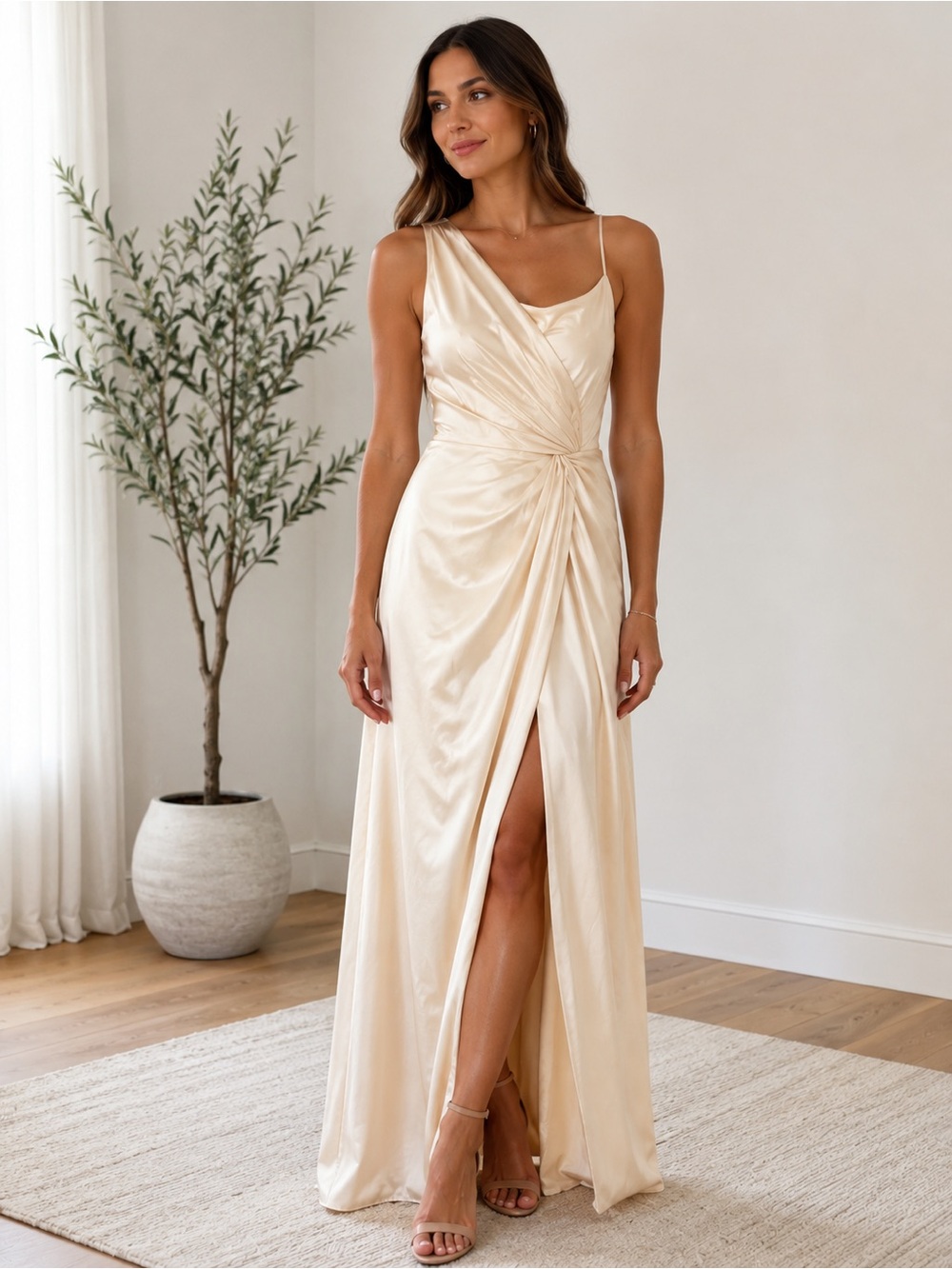Azazie Cream Satin Twist Maxi Dress